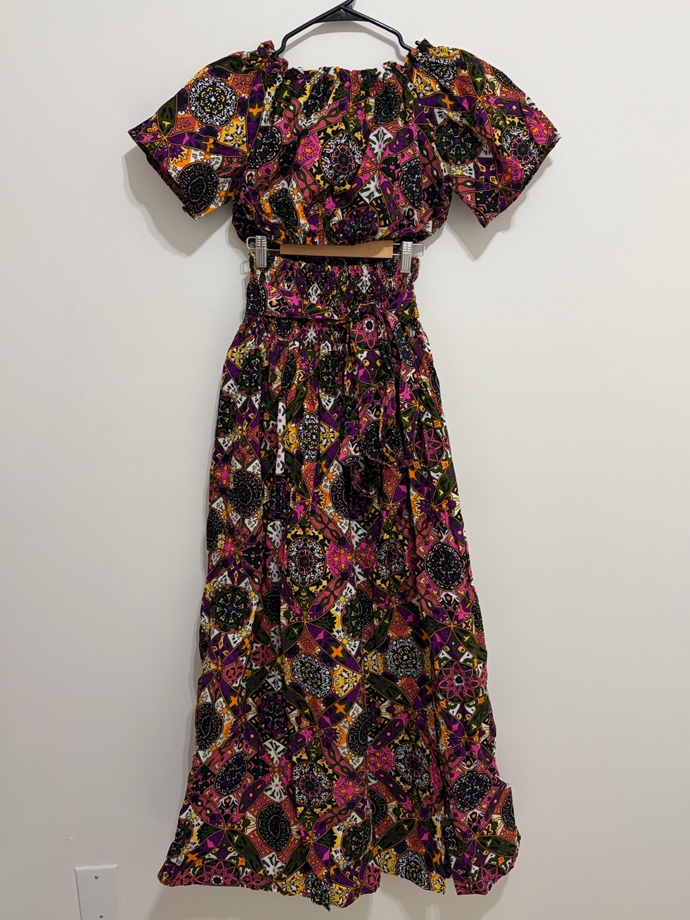 African Print Off-Shoulder Crop Top and Skirt Set - 100% Cotton